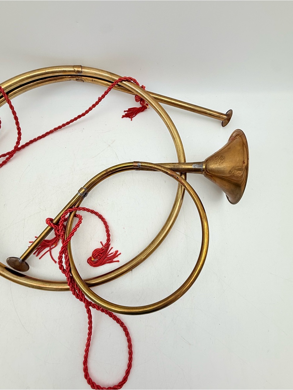 Vintage Christmas Brass Horns with Red Cord - Christmas decorations